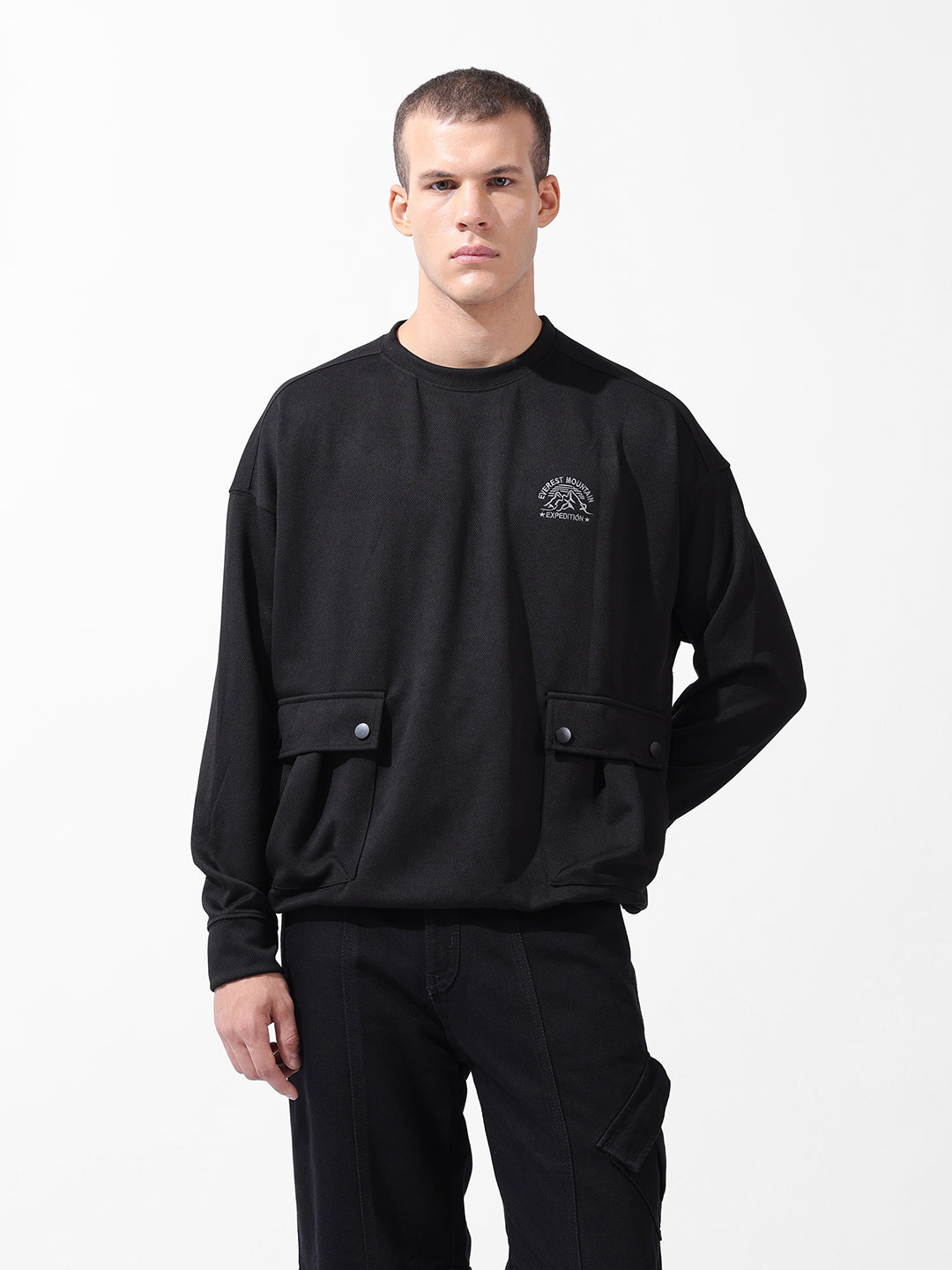 Men's Black Relaxed Fit Textured Street Sweatshirt