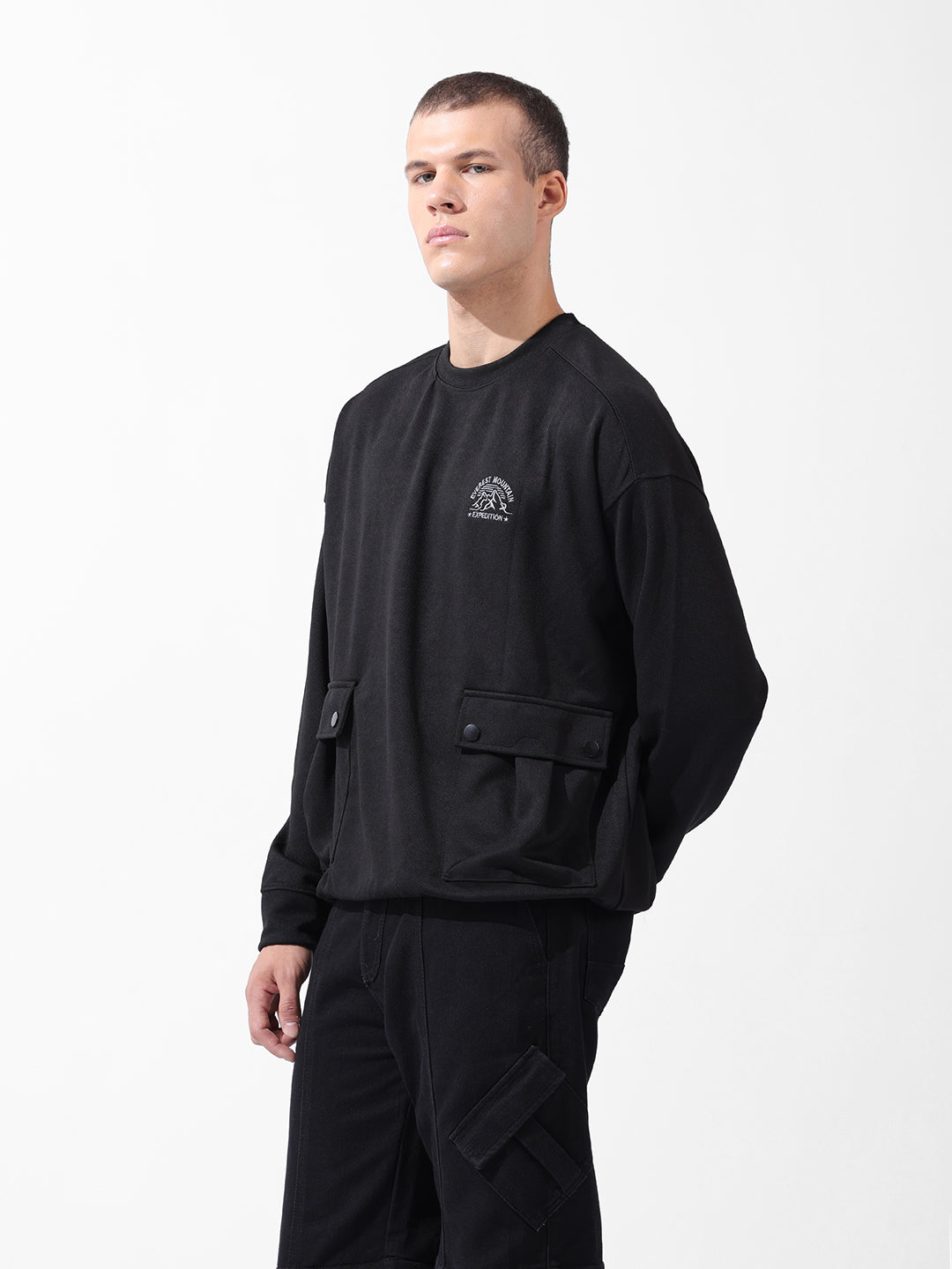 Men's Black Relaxed Fit Textured Street Sweatshirt