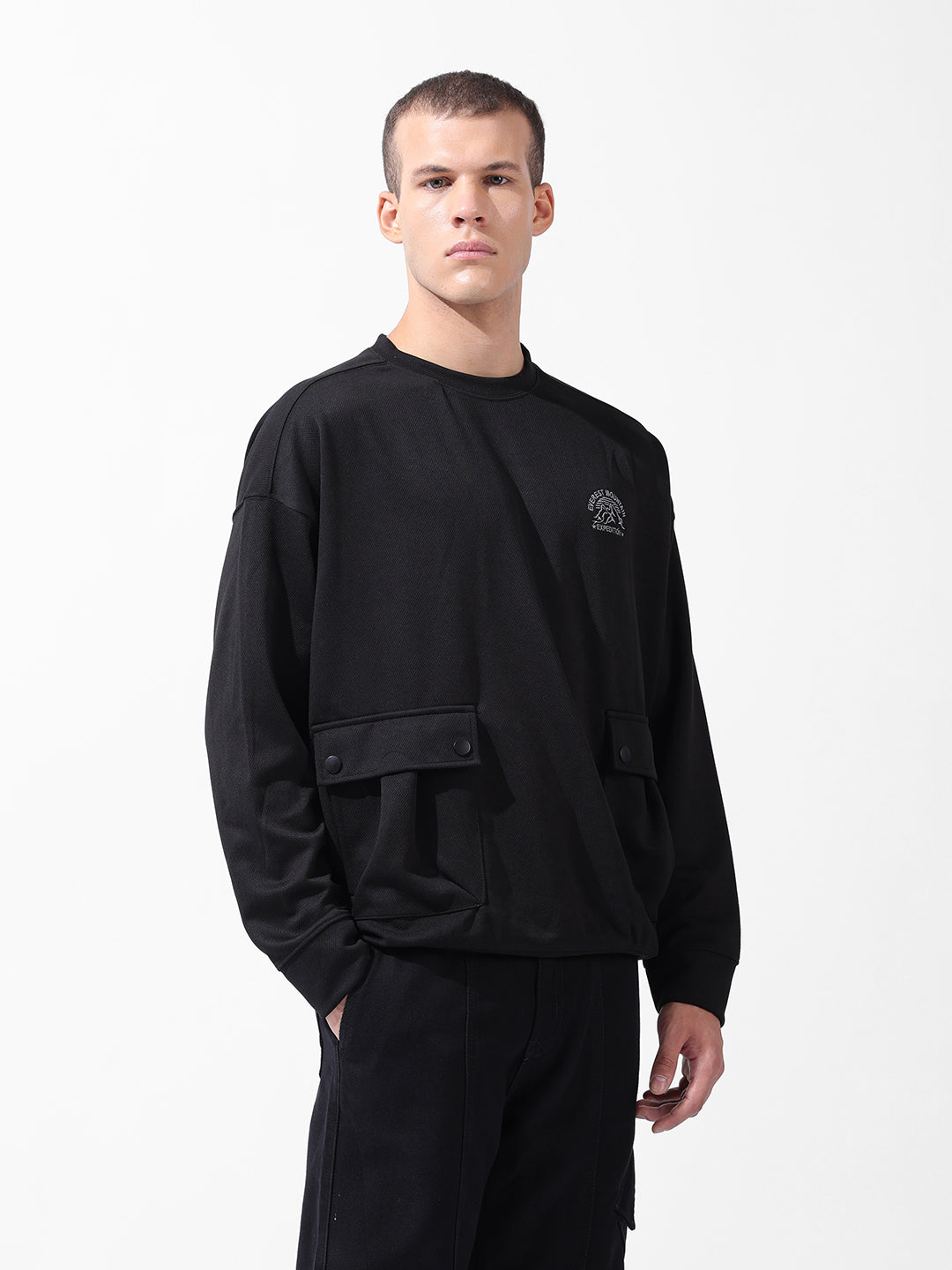 Men's Black Relaxed Fit Textured Street Sweatshirt