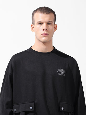 Men's Black Relaxed Fit Textured Street Sweatshirt