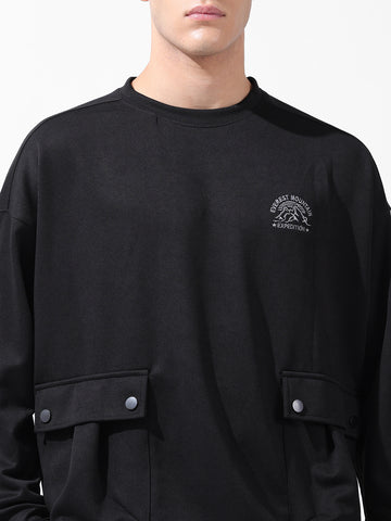 Men's Black Relaxed Fit Textured Street Sweatshirt