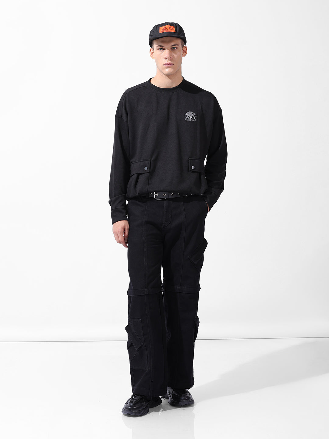Men's Black Relaxed Fit Textured Street Sweatshirt
