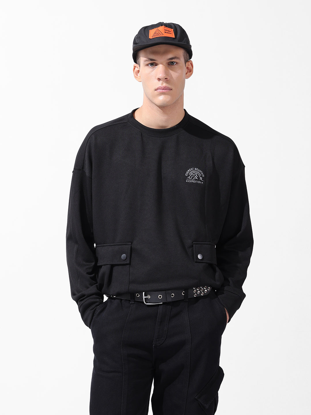 Men's Black Relaxed Fit Textured Street Sweatshirt