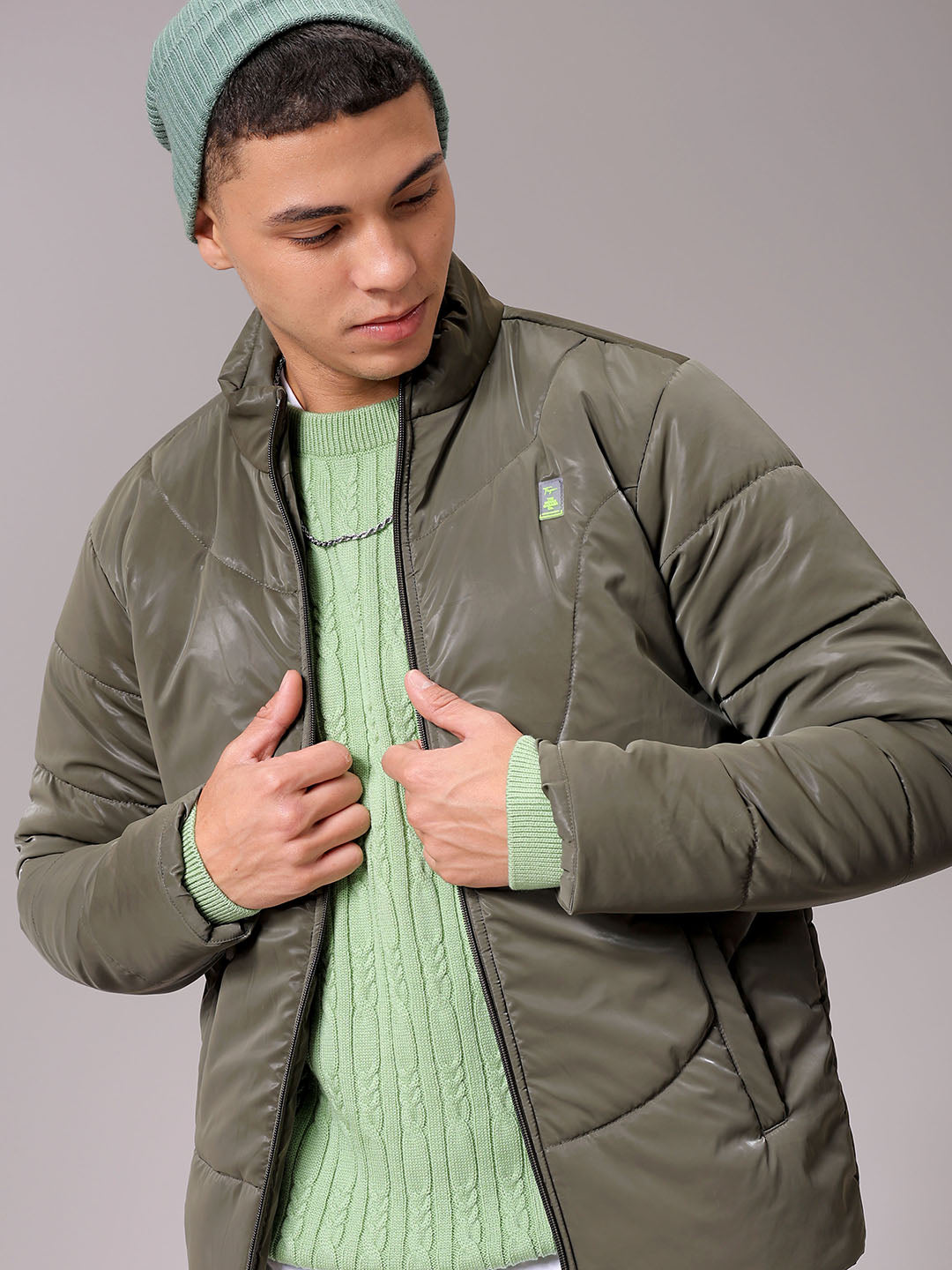 Men's Olive Slim Fit Solid Jacket