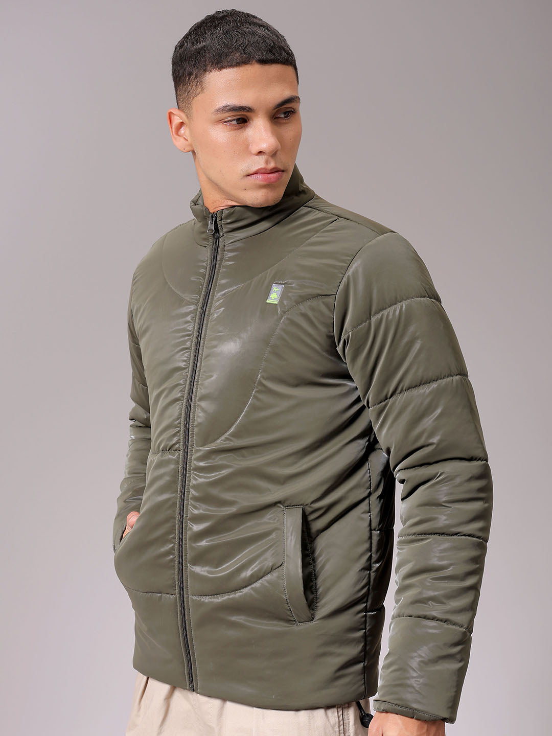 Men's Olive Slim Fit Solid Jacket