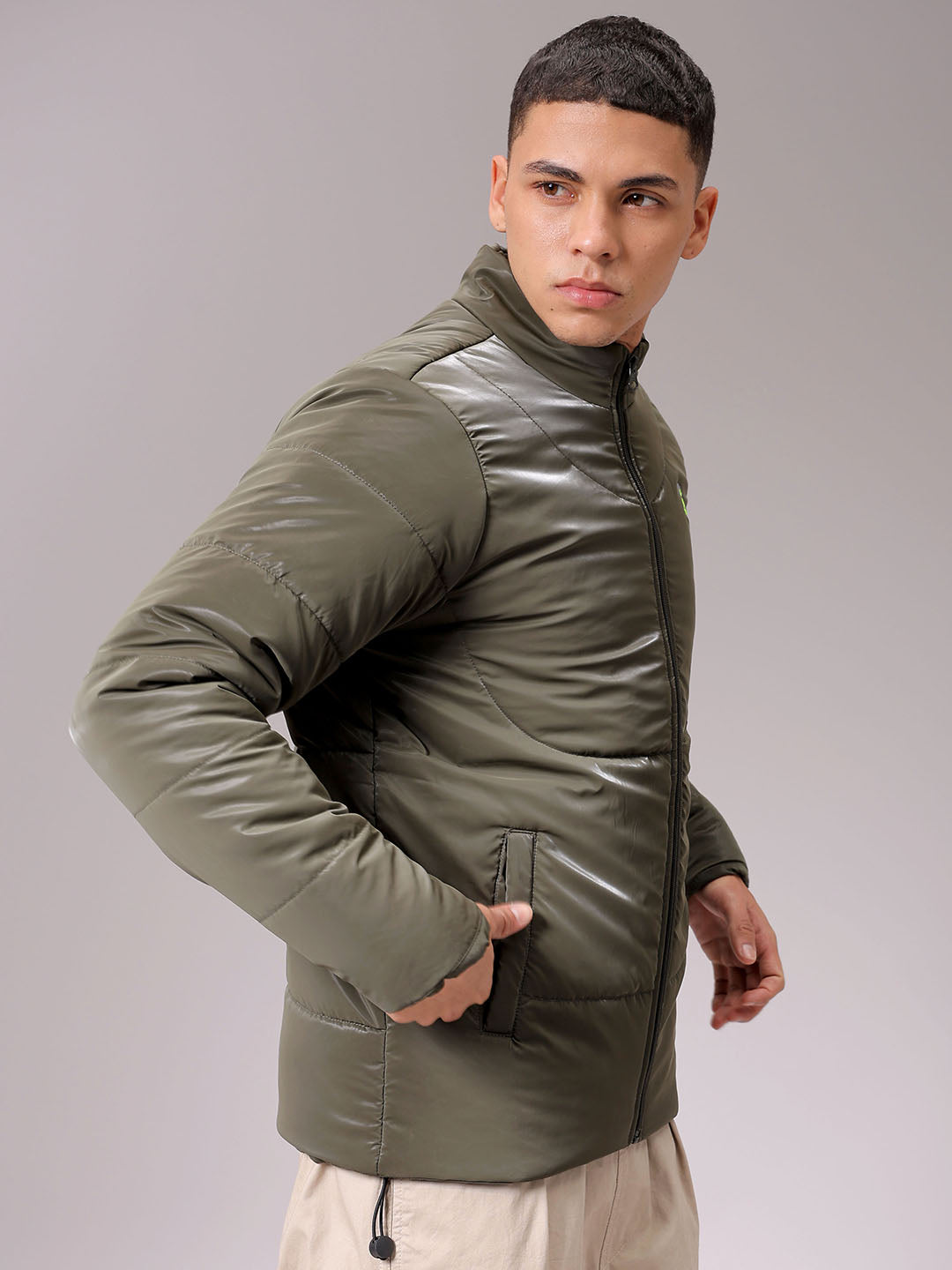 Men's Olive Slim Fit Solid Jacket