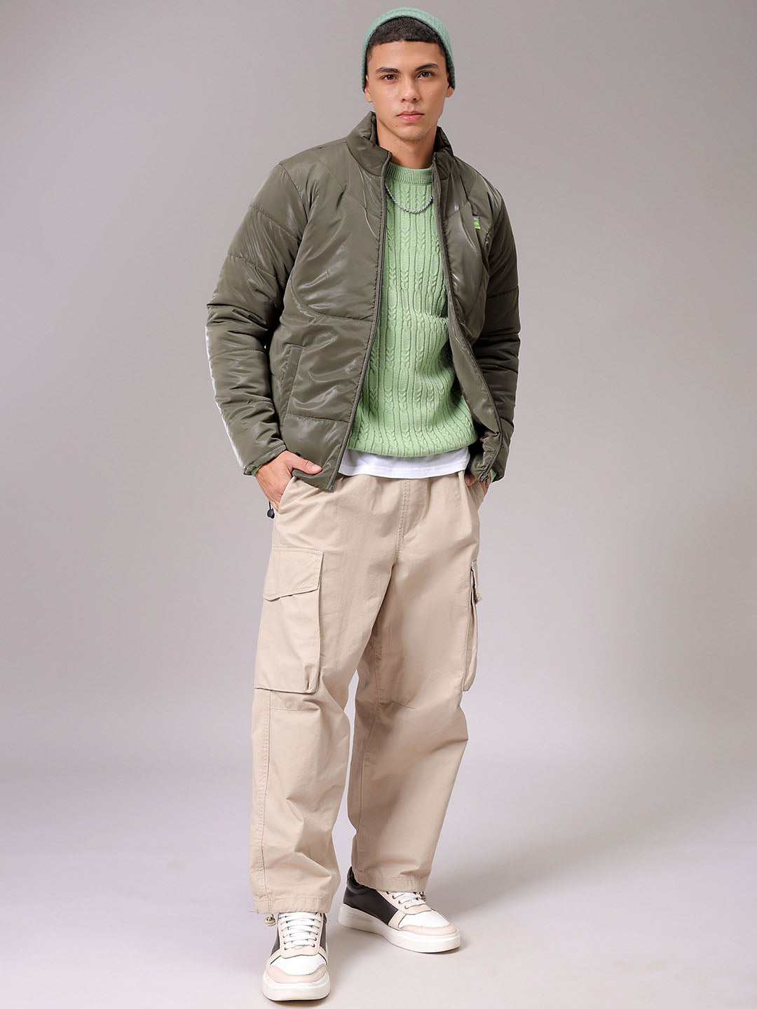 Men's Olive Slim Fit Solid Jacket