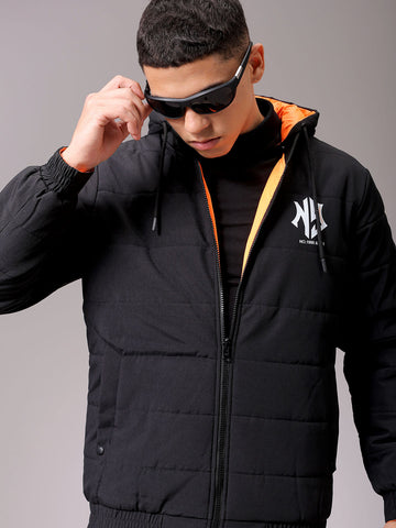 Men's Slim Fit Back Print Reversible Hooded Puffer Jacket