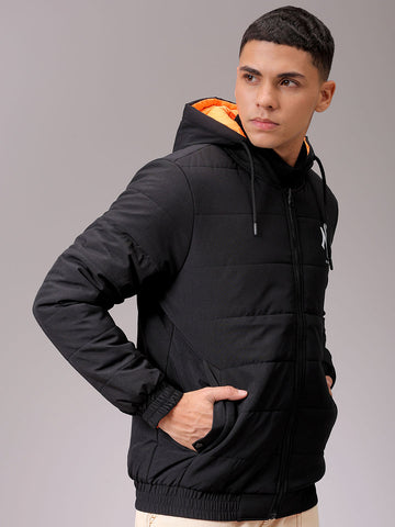 Men's Slim Fit Back Print Reversible Hooded Puffer Jacket