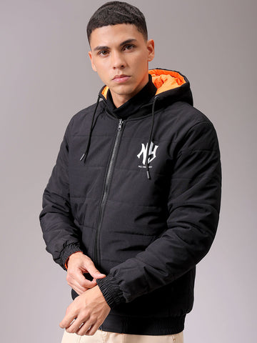 Men's Slim Fit Back Print Reversible Hooded Puffer Jacket