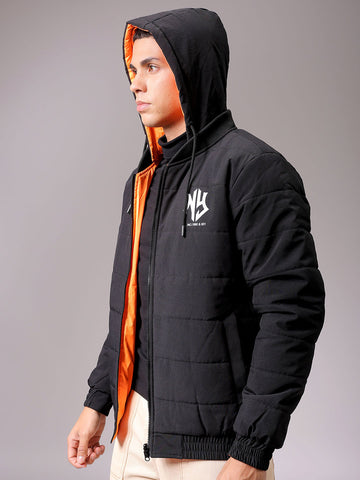 Men's Slim Fit Back Print Reversible Hooded Puffer Jacket