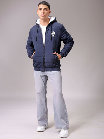 Men's Slim Fit Back Print Reversible Hooded Puffer Jacket