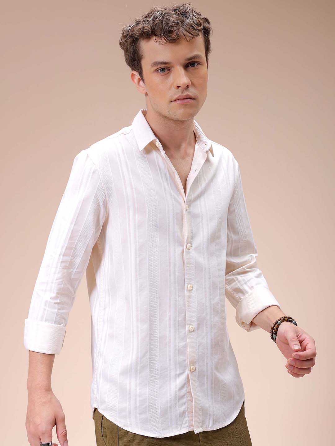 Men's White Slim Fit Striped Resortwear Shirt