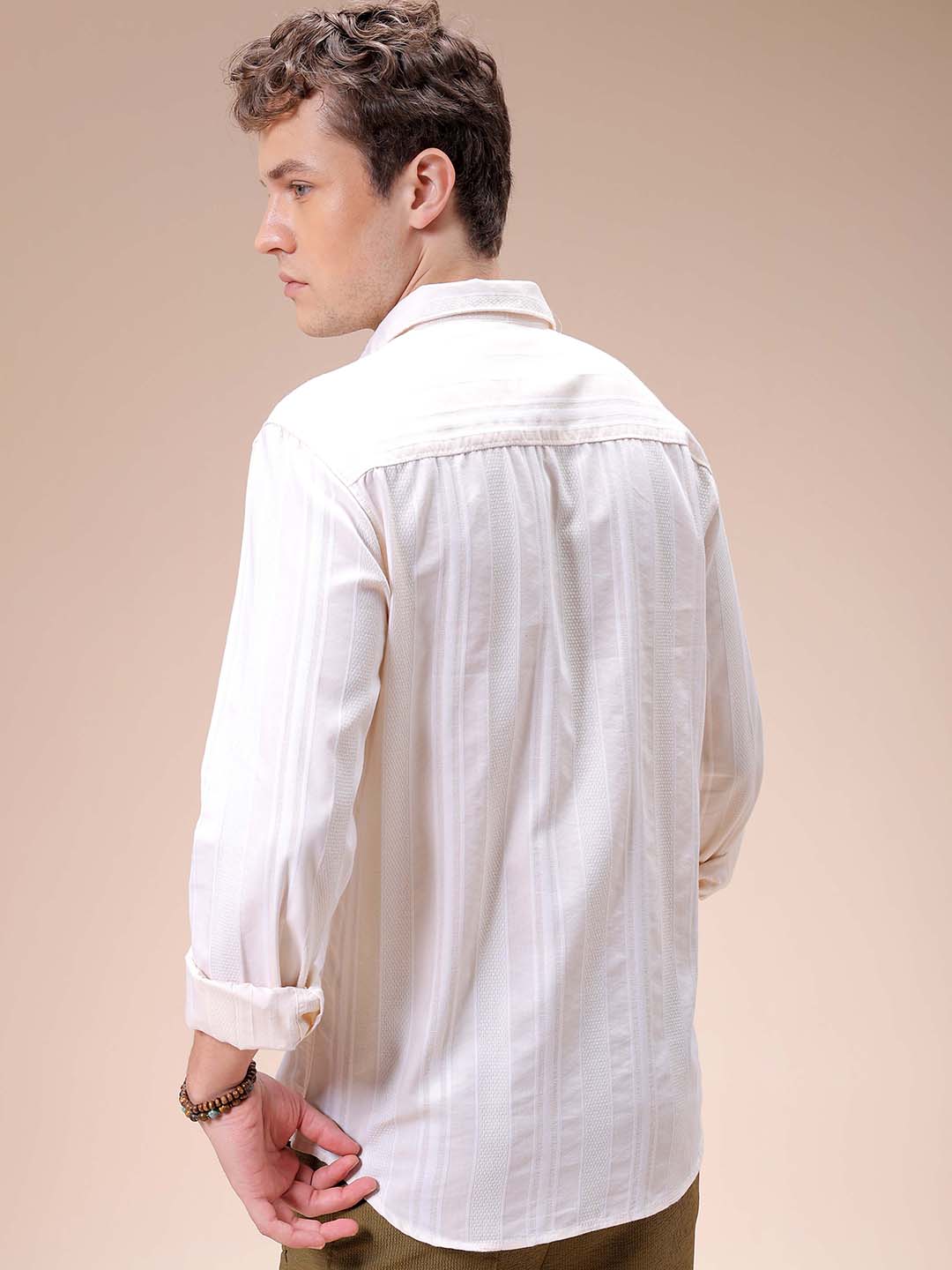 Men's White Slim Fit Striped Resortwear Shirt