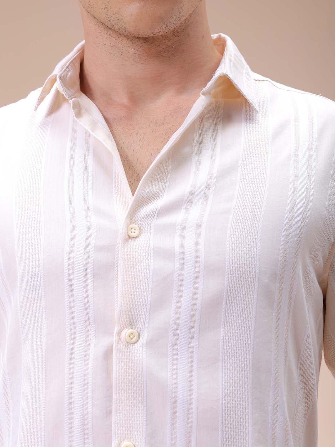 Men's White Slim Fit Striped Resortwear Shirt