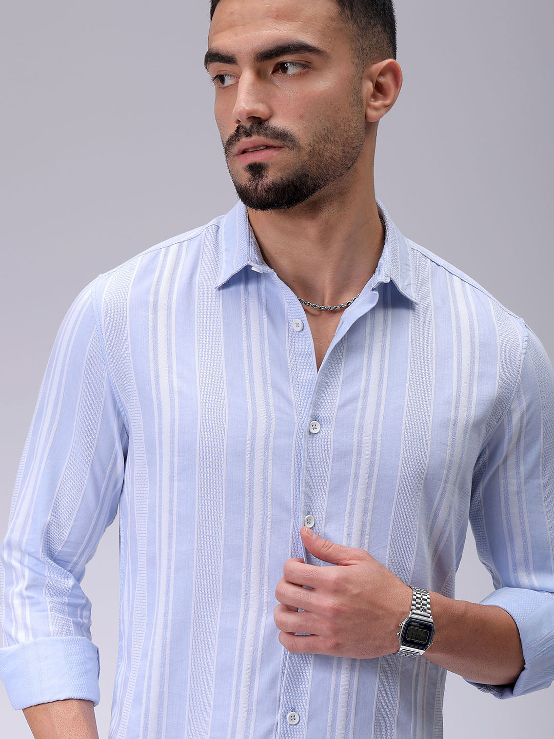 Men's Blue Slim Fit Striped Resortwear Shirt