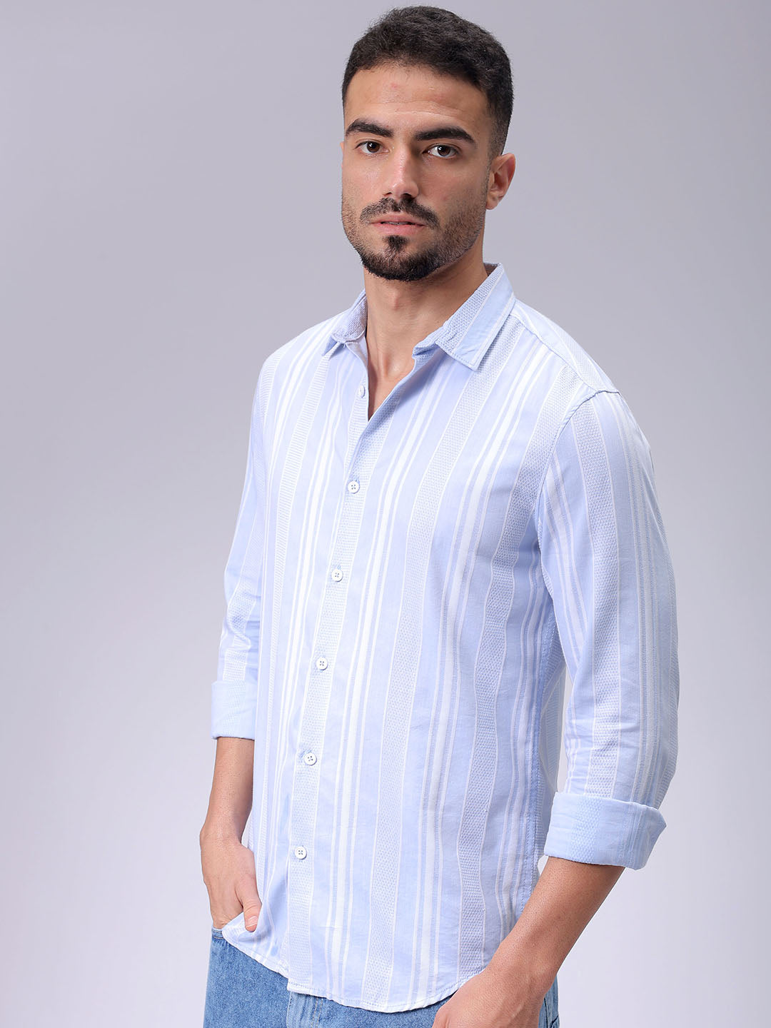 Men's Blue Slim Fit Striped Resortwear Shirt