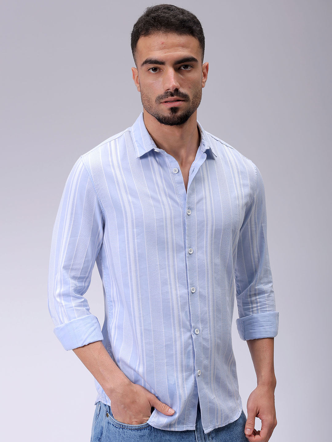 Men's Blue Slim Fit Striped Resortwear Shirt