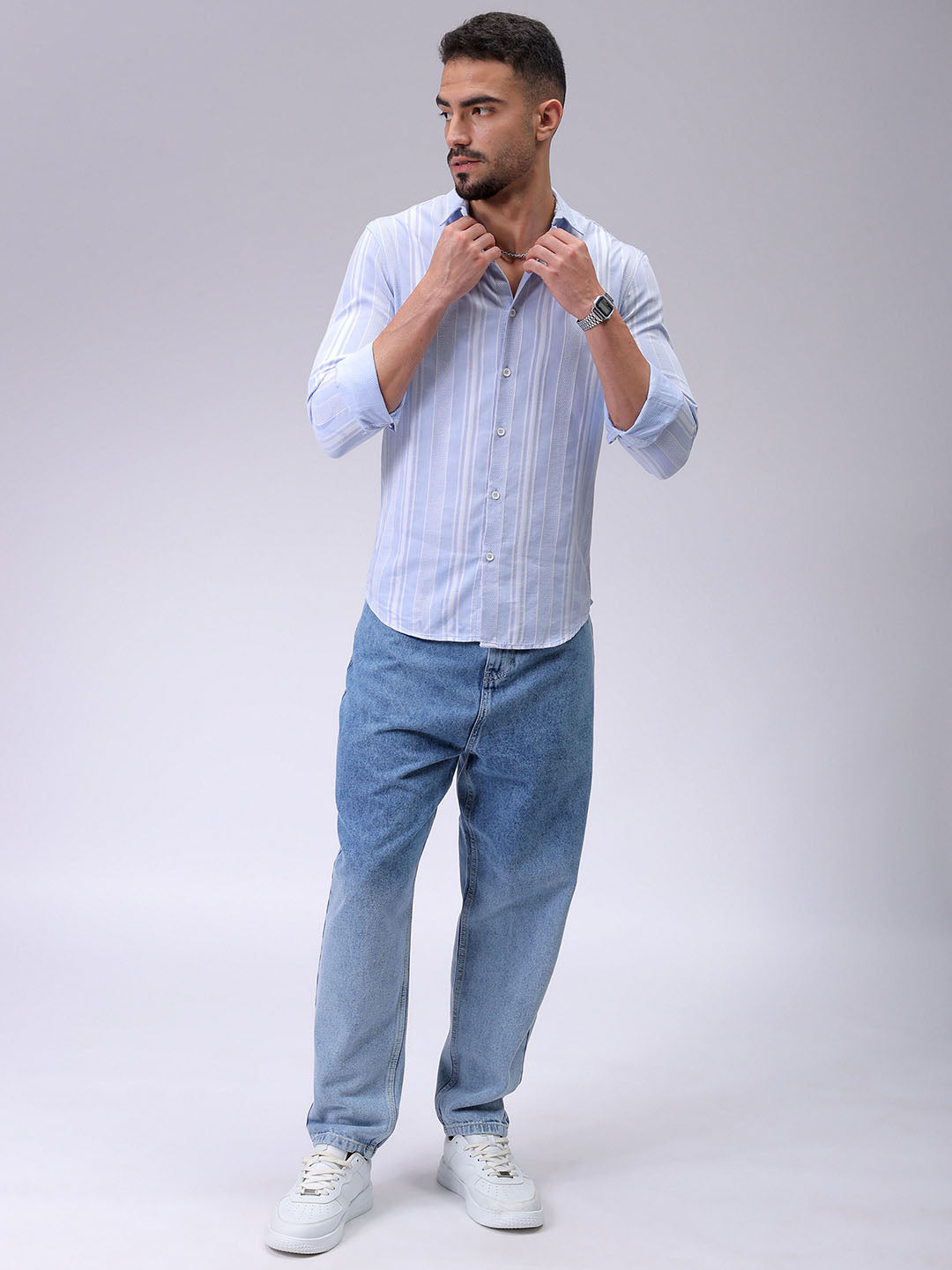 Men's Blue Slim Fit Striped Resortwear Shirt