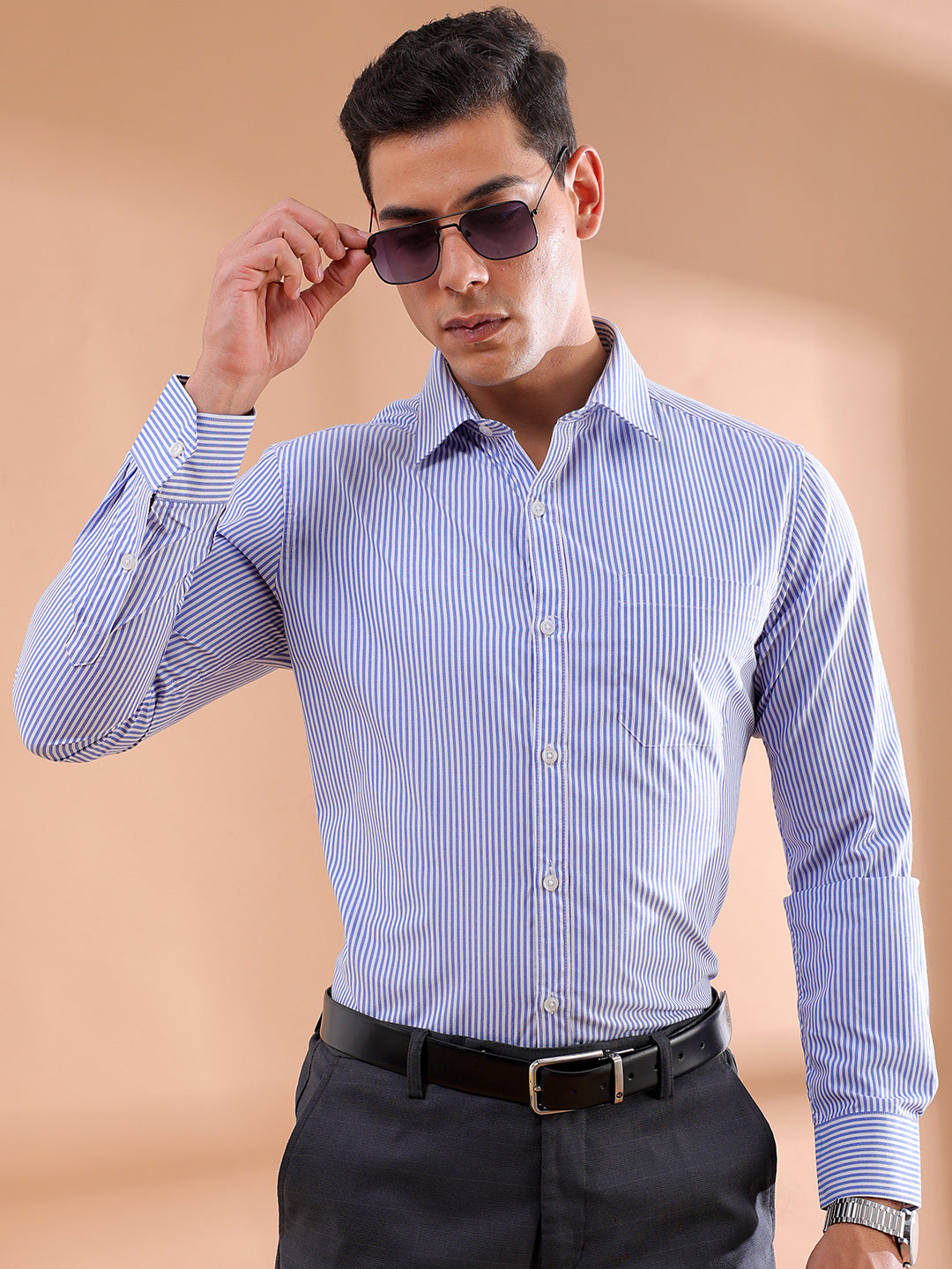 Shop Men's Blue Slim Fit Striped Formal Shirt Online.