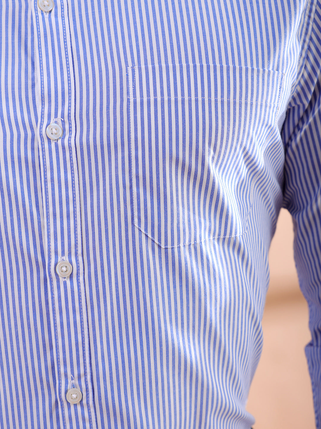 Shop Men's Blue Slim Fit Striped Formal Shirt Online.