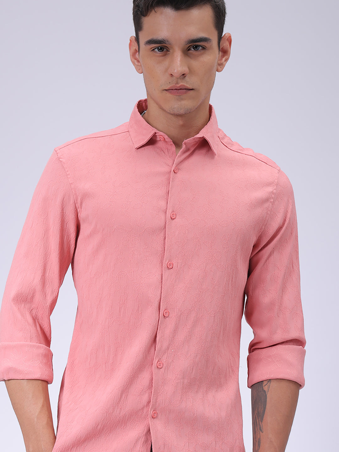 Men's Pink Slim Fit Textured Shirt