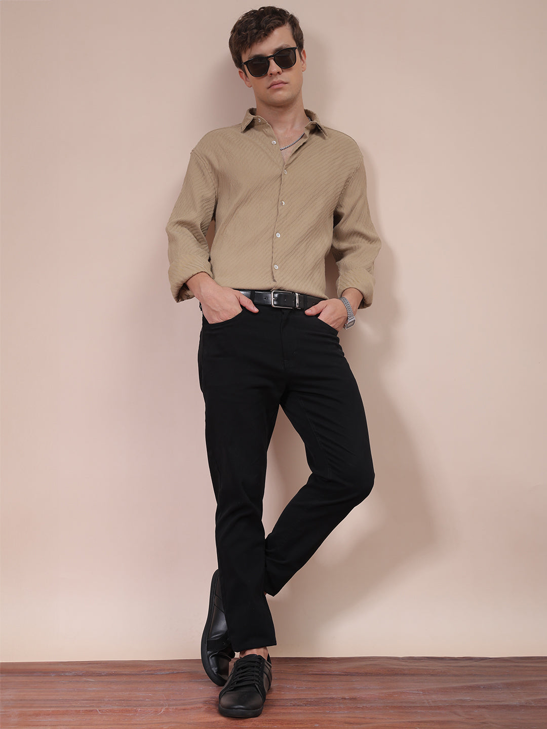 Men's Khaki Slim Fit Textured Shirt