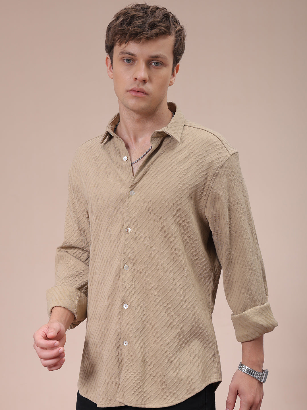 Men's Khaki Slim Fit Textured Shirt