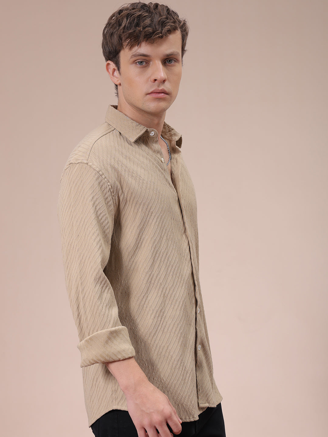 Men's Khaki Slim Fit Textured Shirt