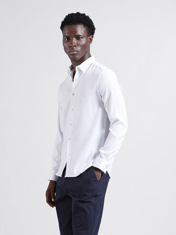 Men's White Slim Fit Textured Resort Wear Shirt
