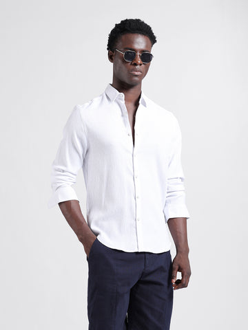 Men's White Slim Fit Textured Resort Wear Shirt