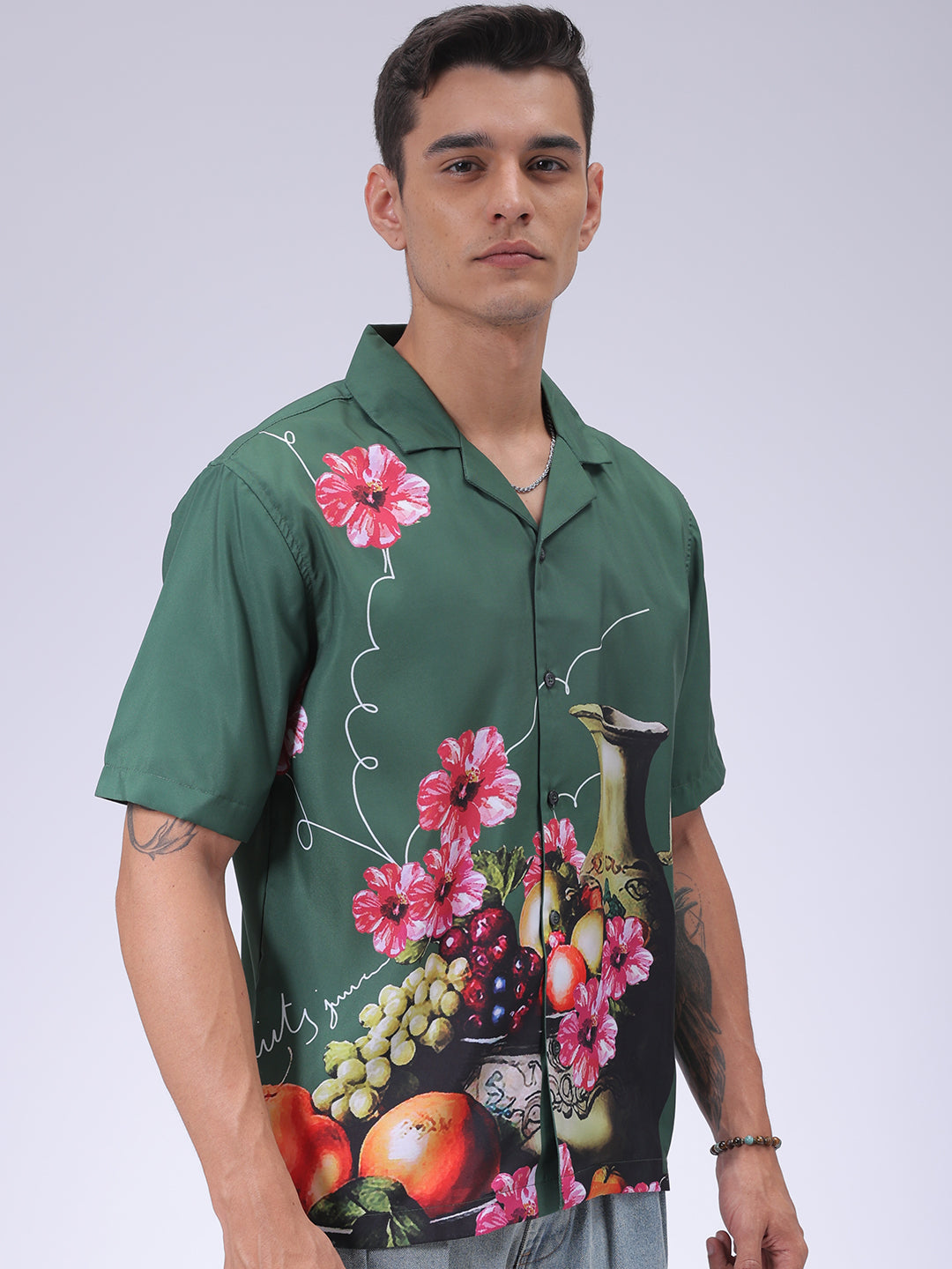 Men's Green Oversized Fit Graphic Shirt