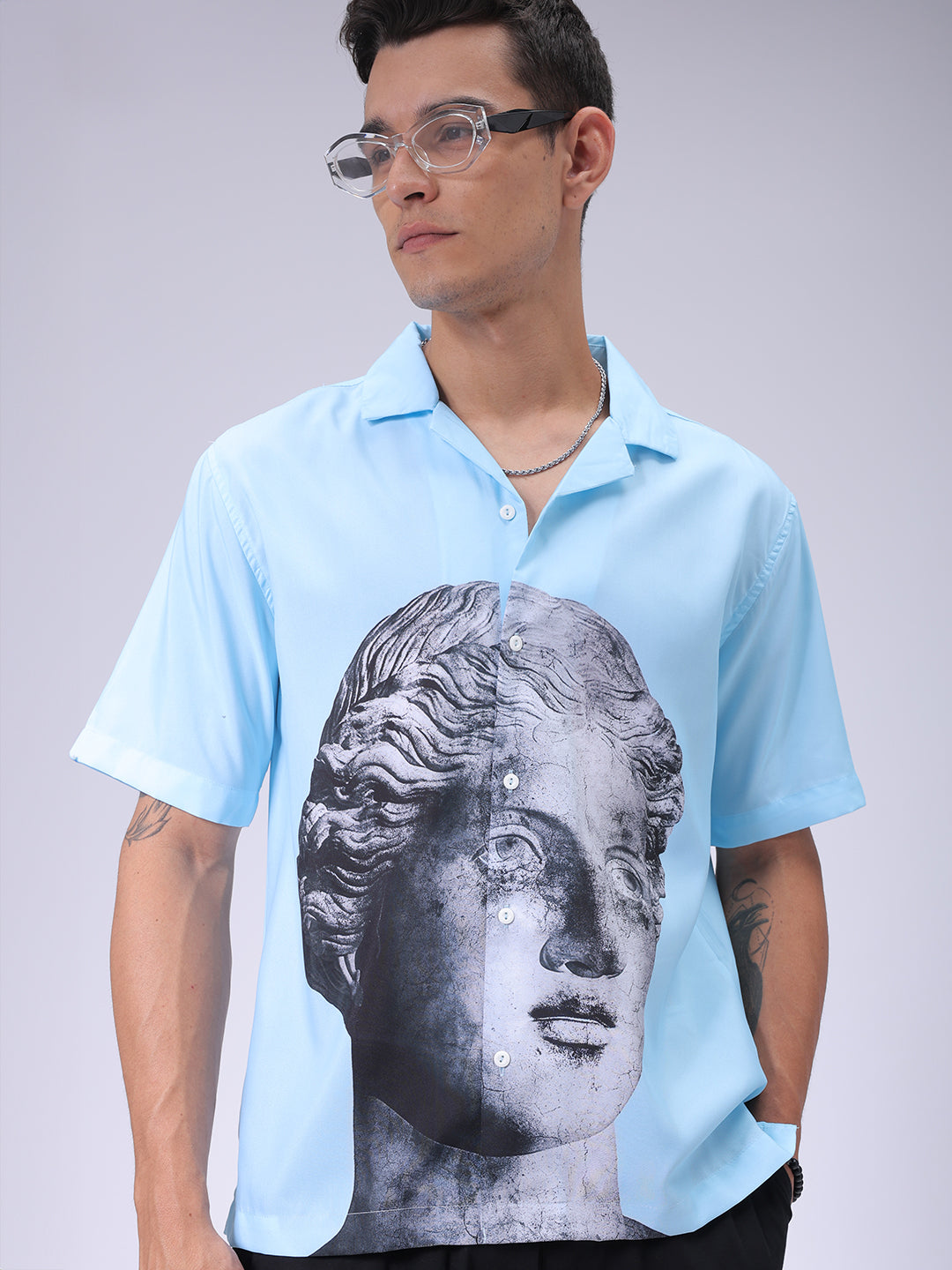 Men's Blue Oversized Fit Graphic Shirt