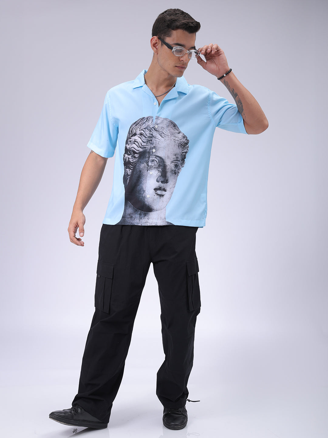 Men's Blue Oversized Fit Graphic Shirt