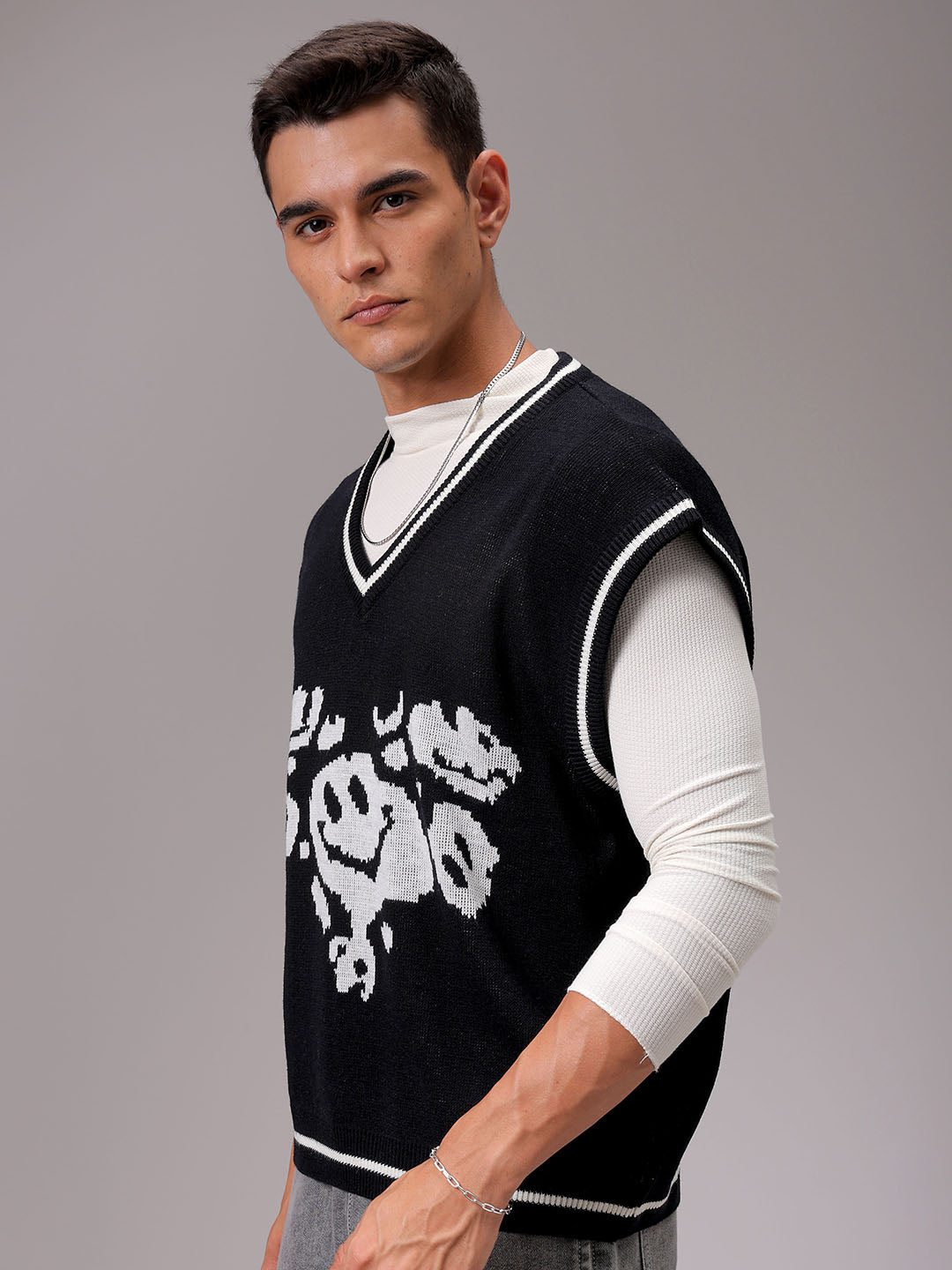 Men's Black Boxy Fit Graphic Printed Sweater