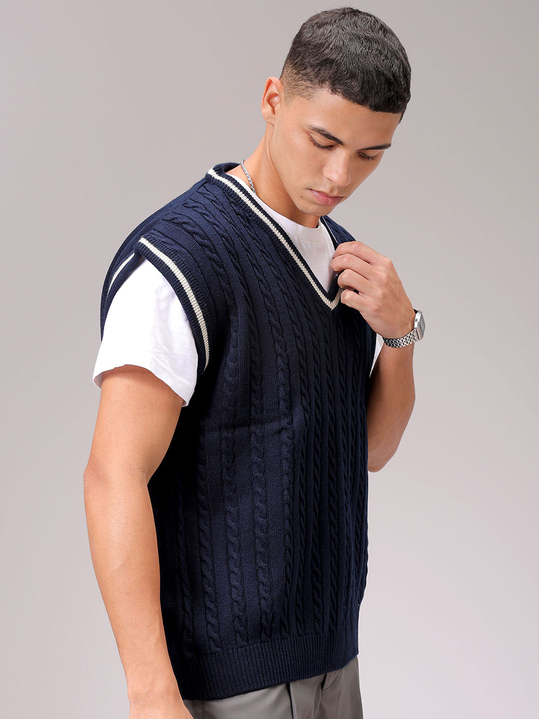 Men's Navy Blue Oversized Textured Sweater