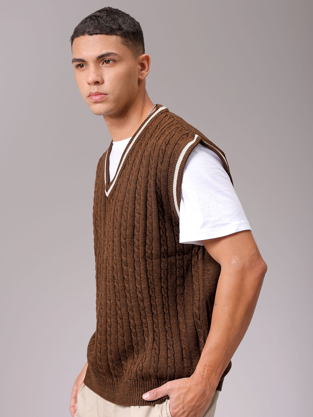 Men's Brown Oversized Textured Sweater