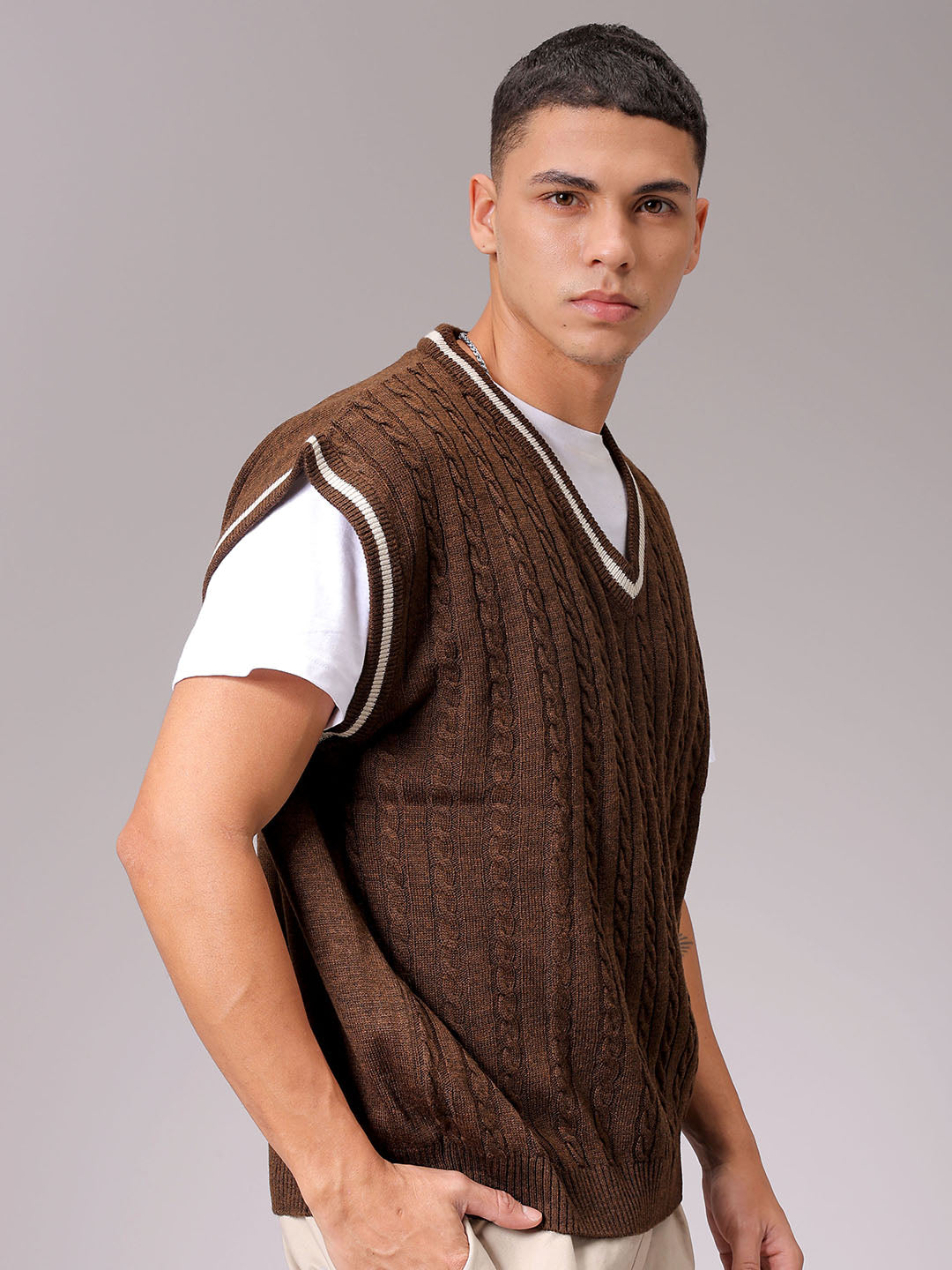 Men's Brown Oversized Textured Sweater