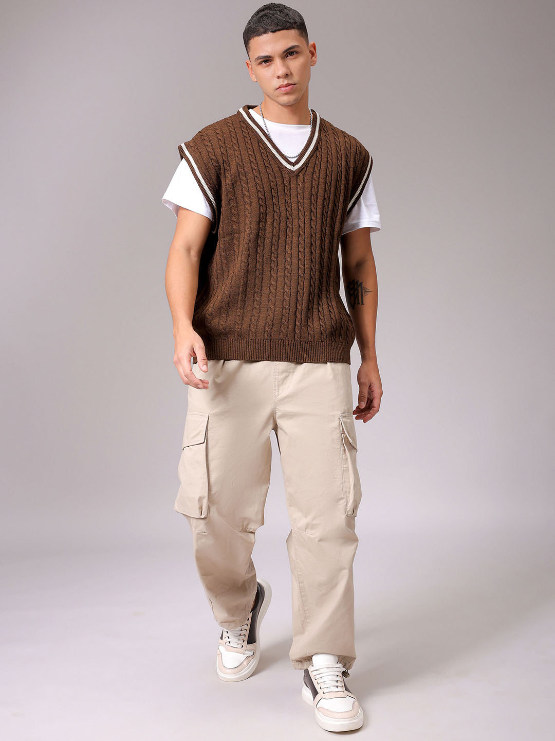 Men's Brown Oversized Textured Sweater