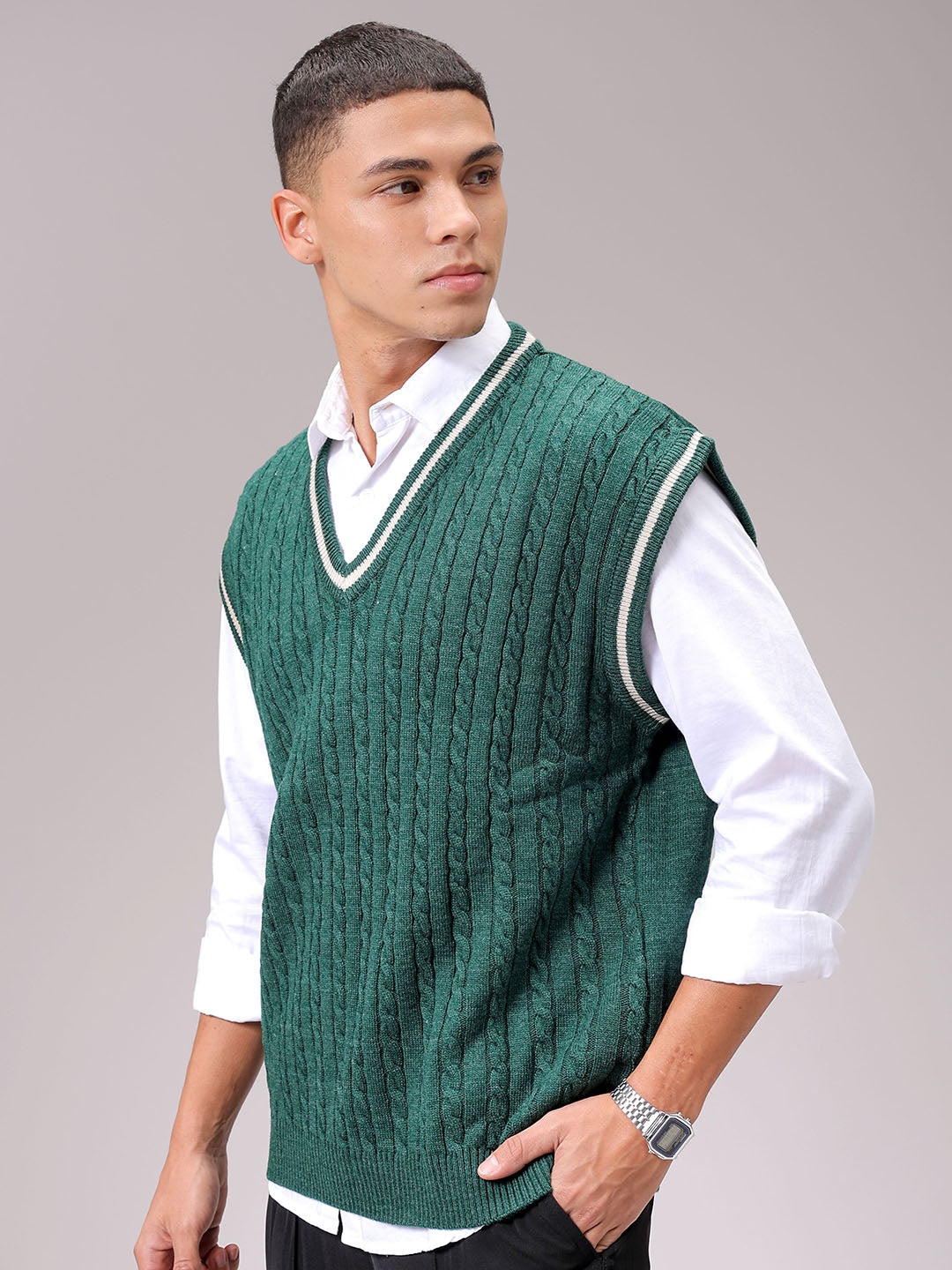 Men's Green Oversized Textured Sweater