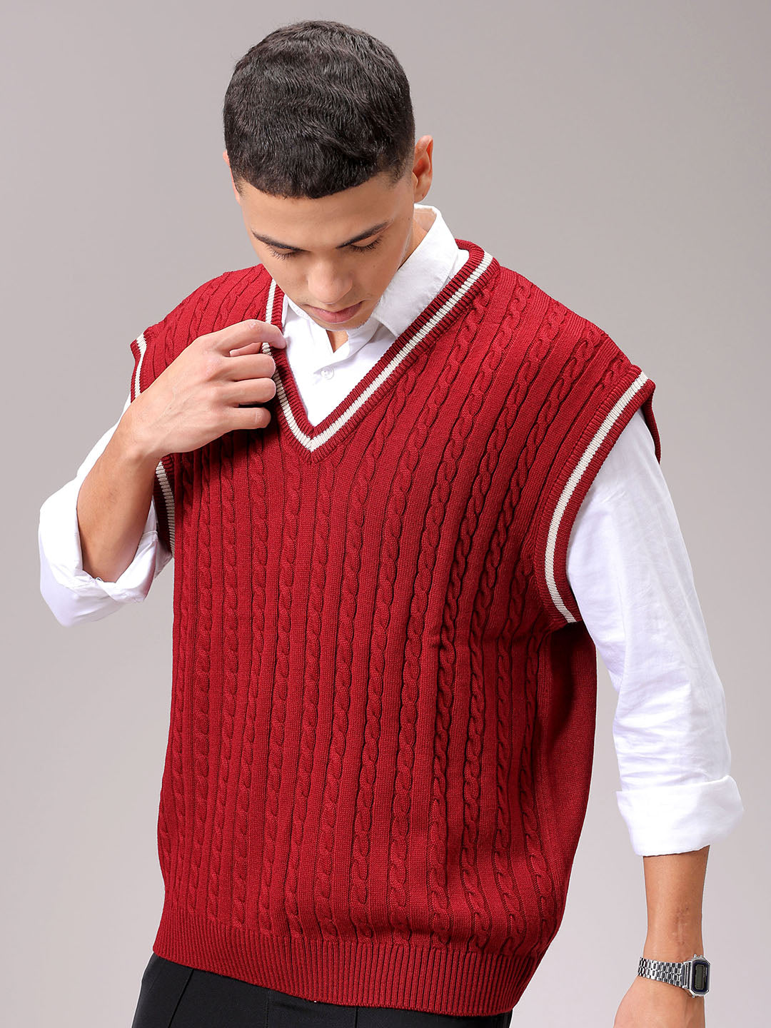Men's Maroon Oversized Textured Sweater