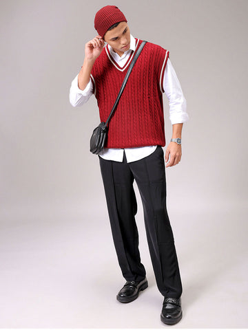 Men's Maroon Oversized Textured Sweater