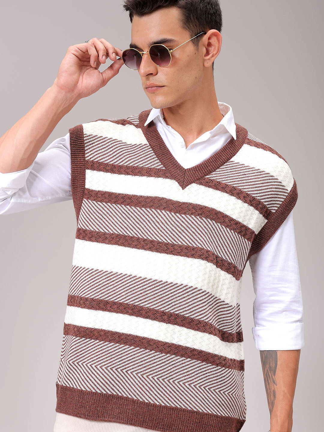 Men's Brown Oversized Striped Sweater