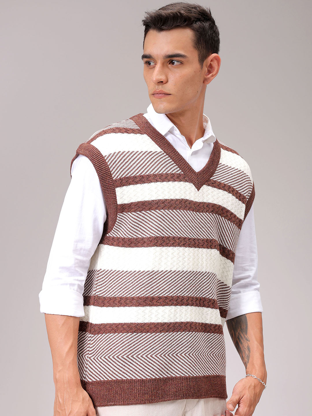 Men's Brown Oversized Striped Sweater