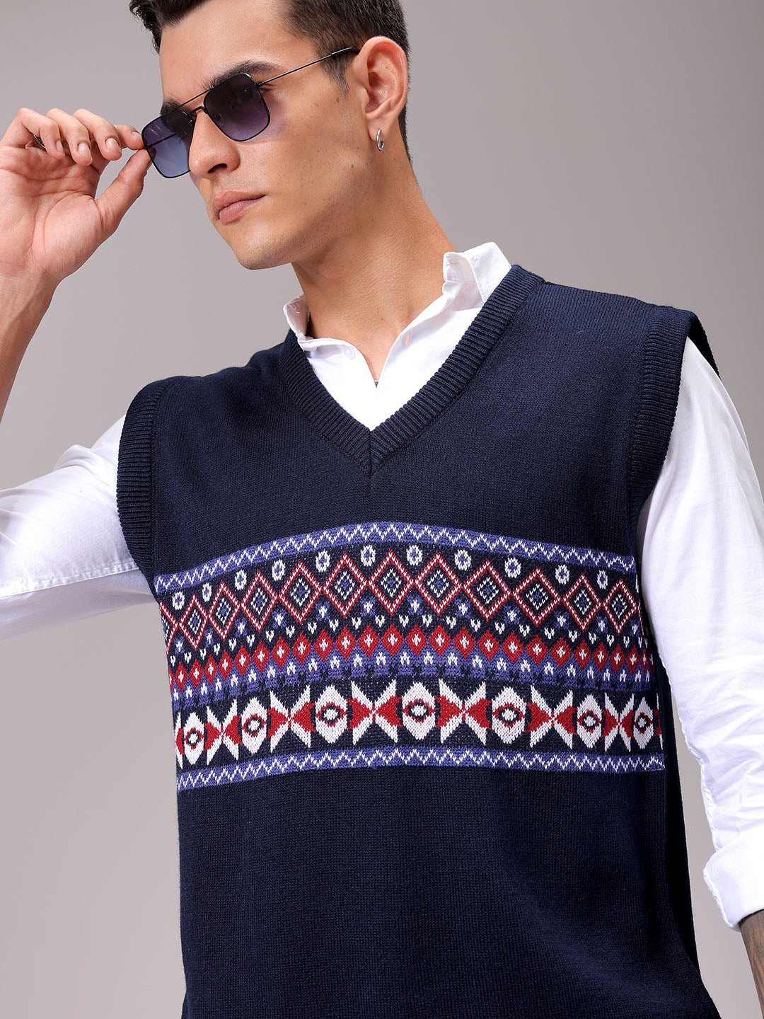 Men's Navy Blue Relaxed Fit Argyle Sweater