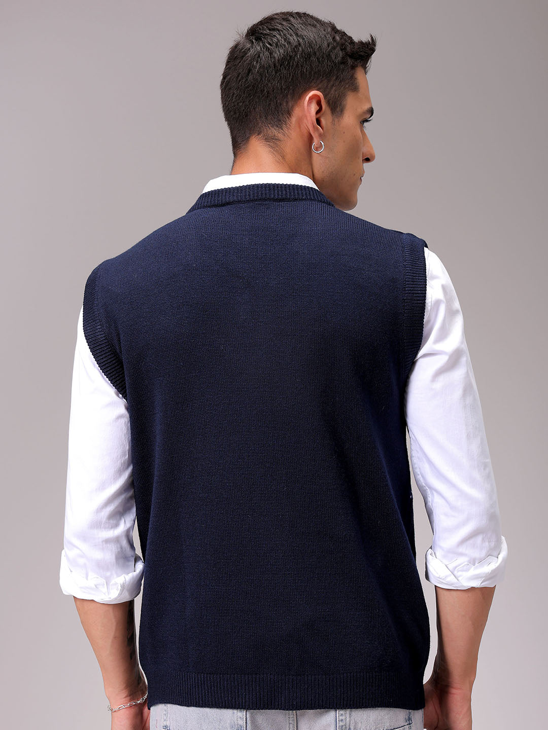 Men's Navy Blue Relaxed Fit Argyle Sweater