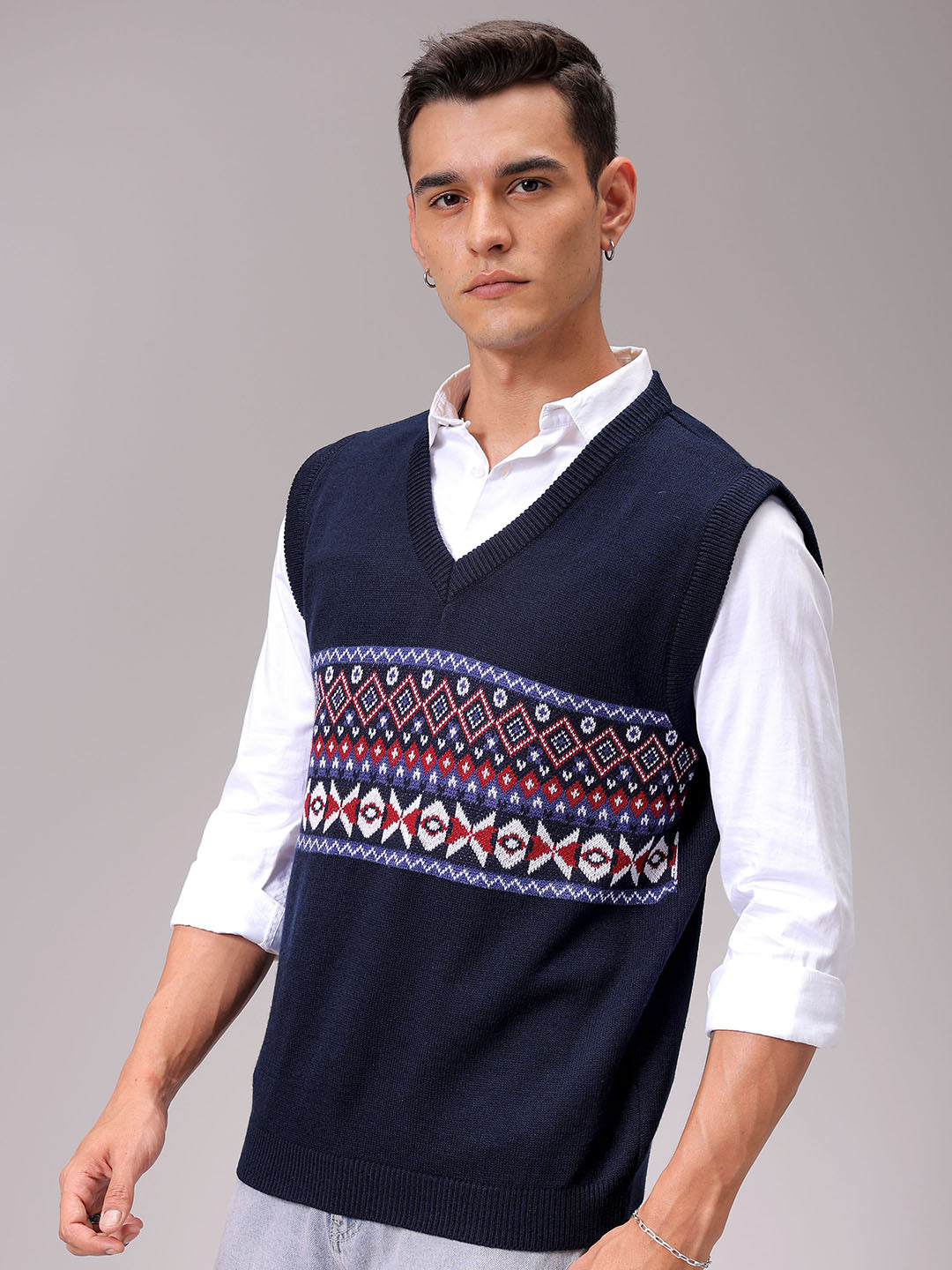 Men's Navy Blue Relaxed Fit Argyle Sweater