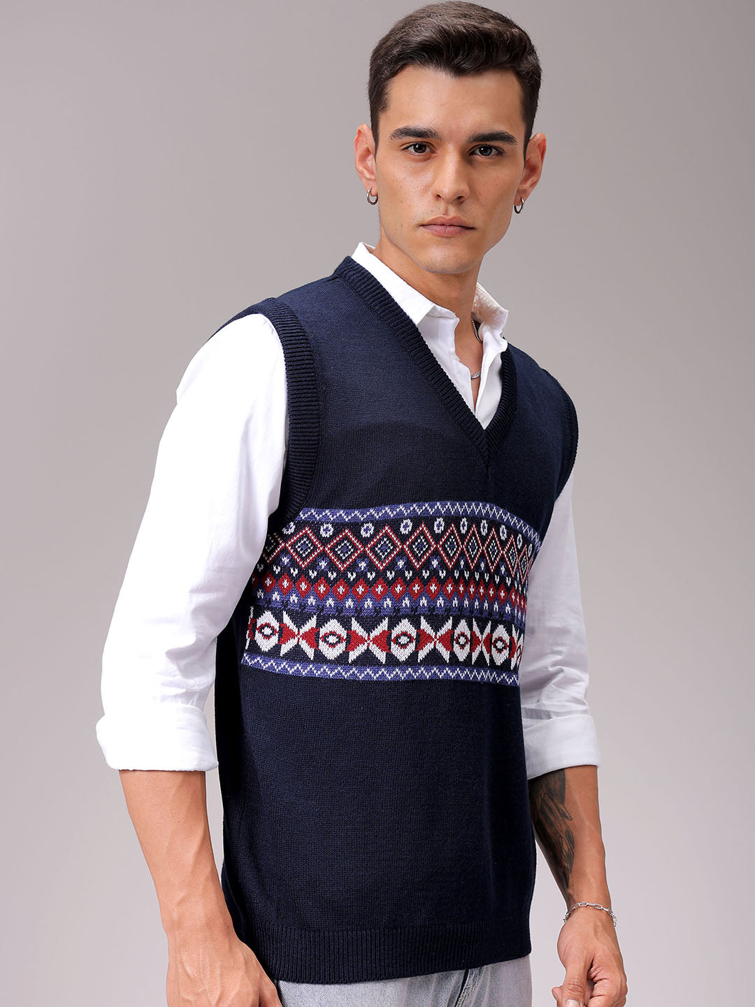 Men's Navy Blue Relaxed Fit Argyle Sweater