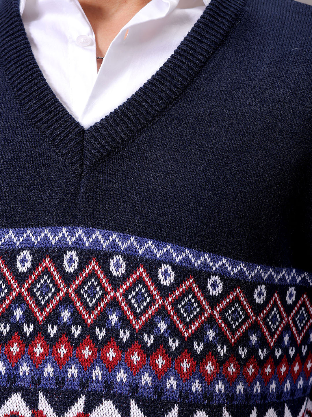 Men's Navy Blue Relaxed Fit Argyle Sweater