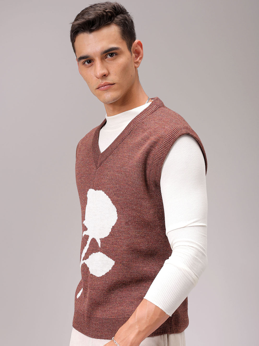 Men's Brown Relaxed Fit Floral Sweater